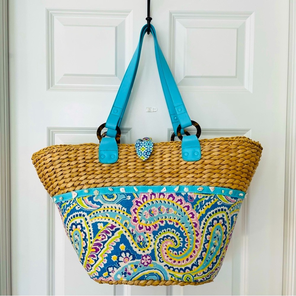 Vera Bradley•NWOT•Large Capri Blue Straw Tote Bag•Lined•Sea Shells All-Around🐚🌼🐚